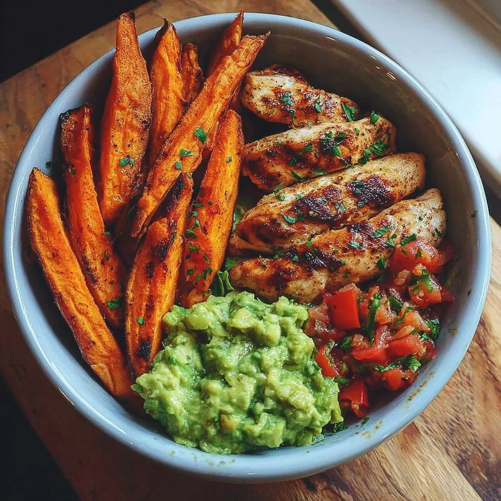 Grilled Herb Chicken Bowl featuring sweet potato fries and avocado salsa