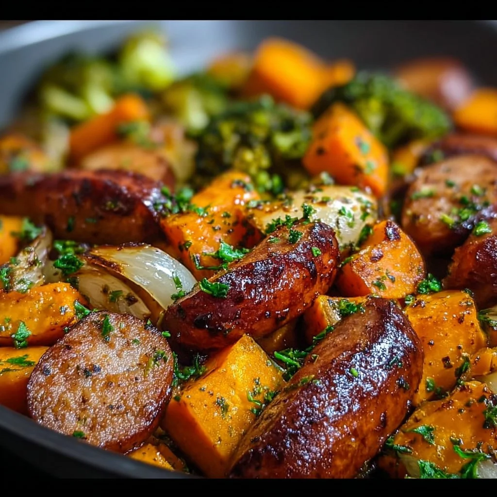 Plate of honey garlic sausage with roasted sweet potatoes