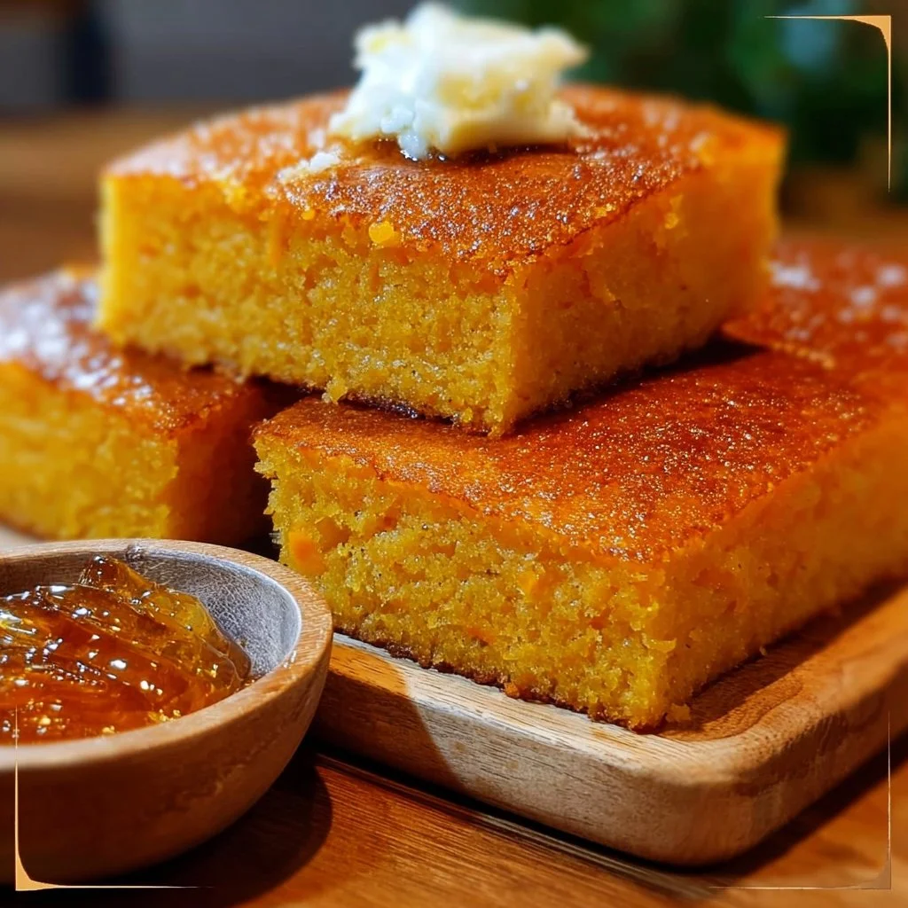 Delicious honey butter cornbread with sweet potato, served in a rustic dish.