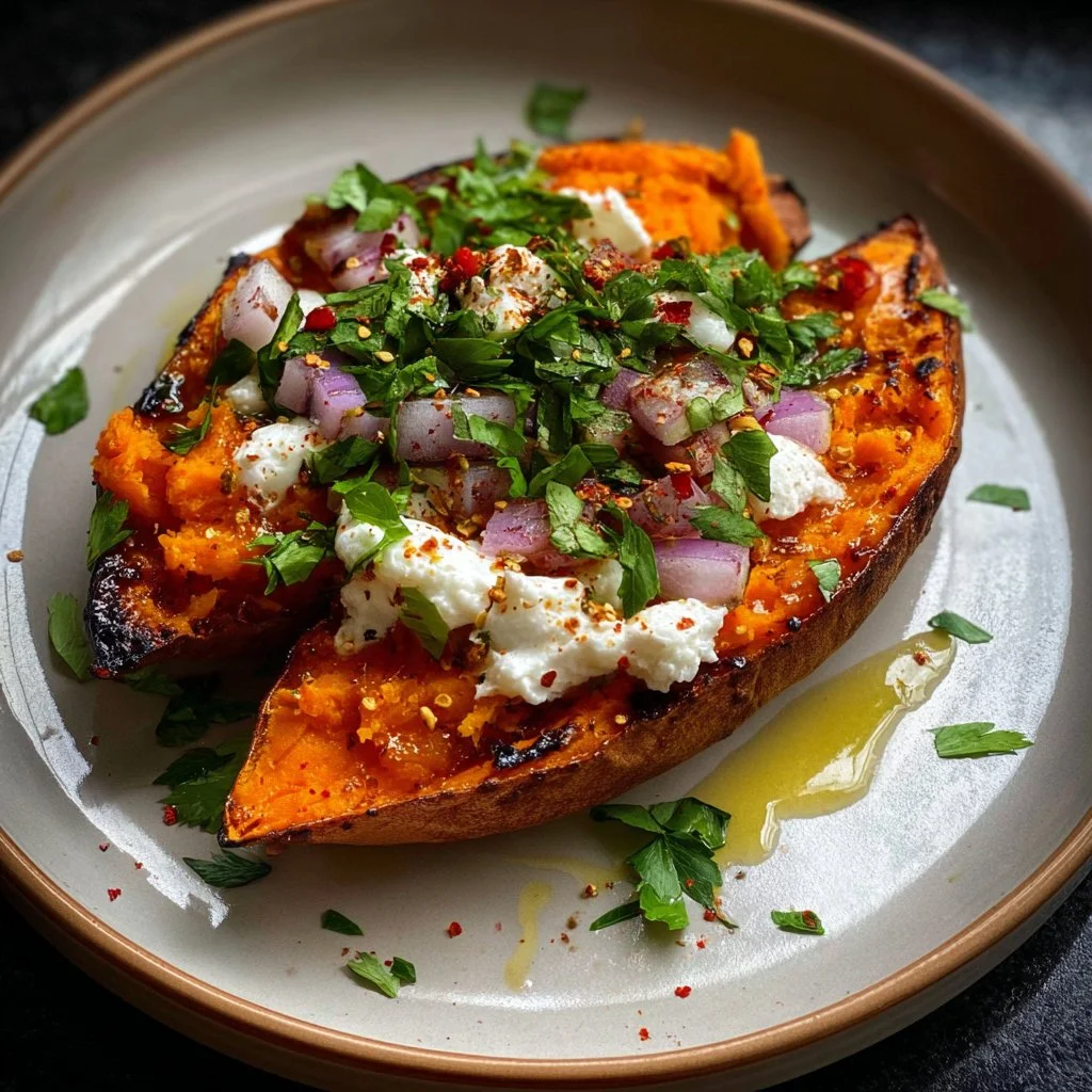 Loaded roasted sweet potato topped with toppings and herbs for a flavorful dish.