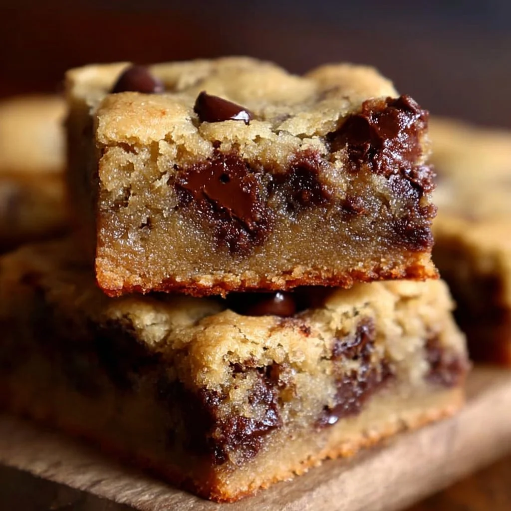Delicious melt-in-your-mouth chocolate chip cookie bars on a plate