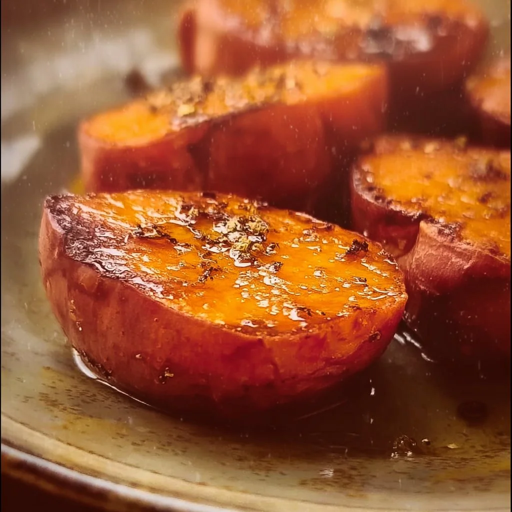 Delicious melting sweet potatoes served on a plate with herbs.