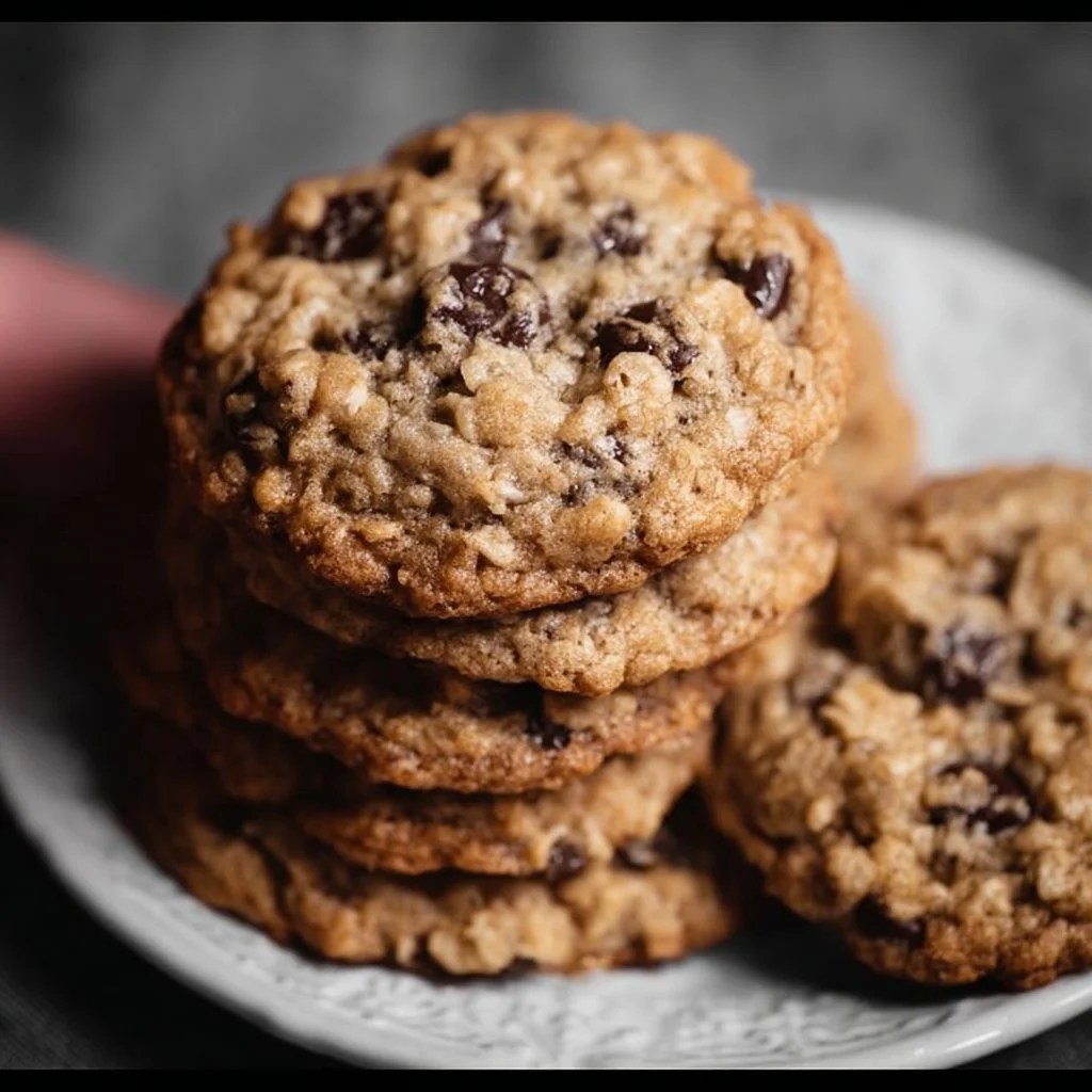 Homemade oatmeal chocolate chip cookies on a cooling rack