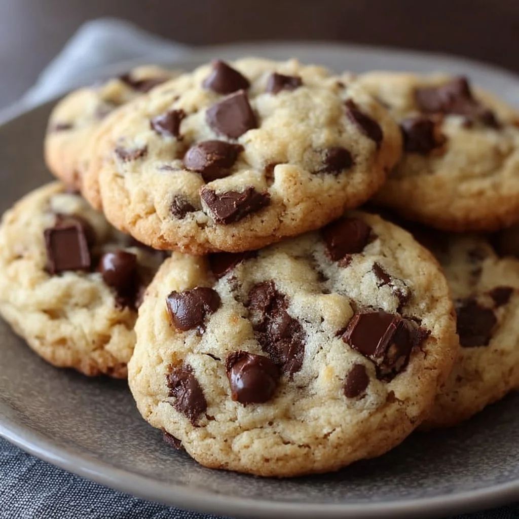 Perfect soft chocolate chip cookies on a baking tray with chocolate chips