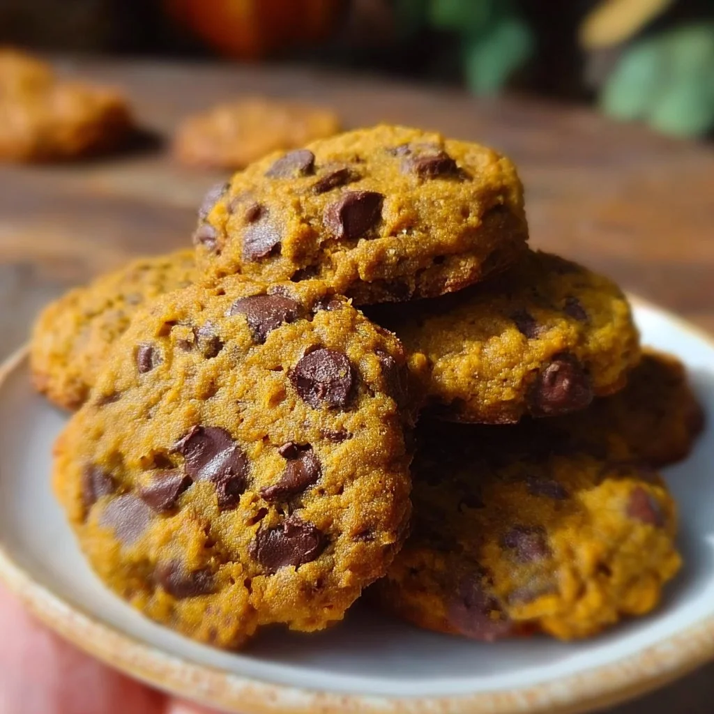 Freshly baked pumpkin chocolate chip cookies on a cooling rack
