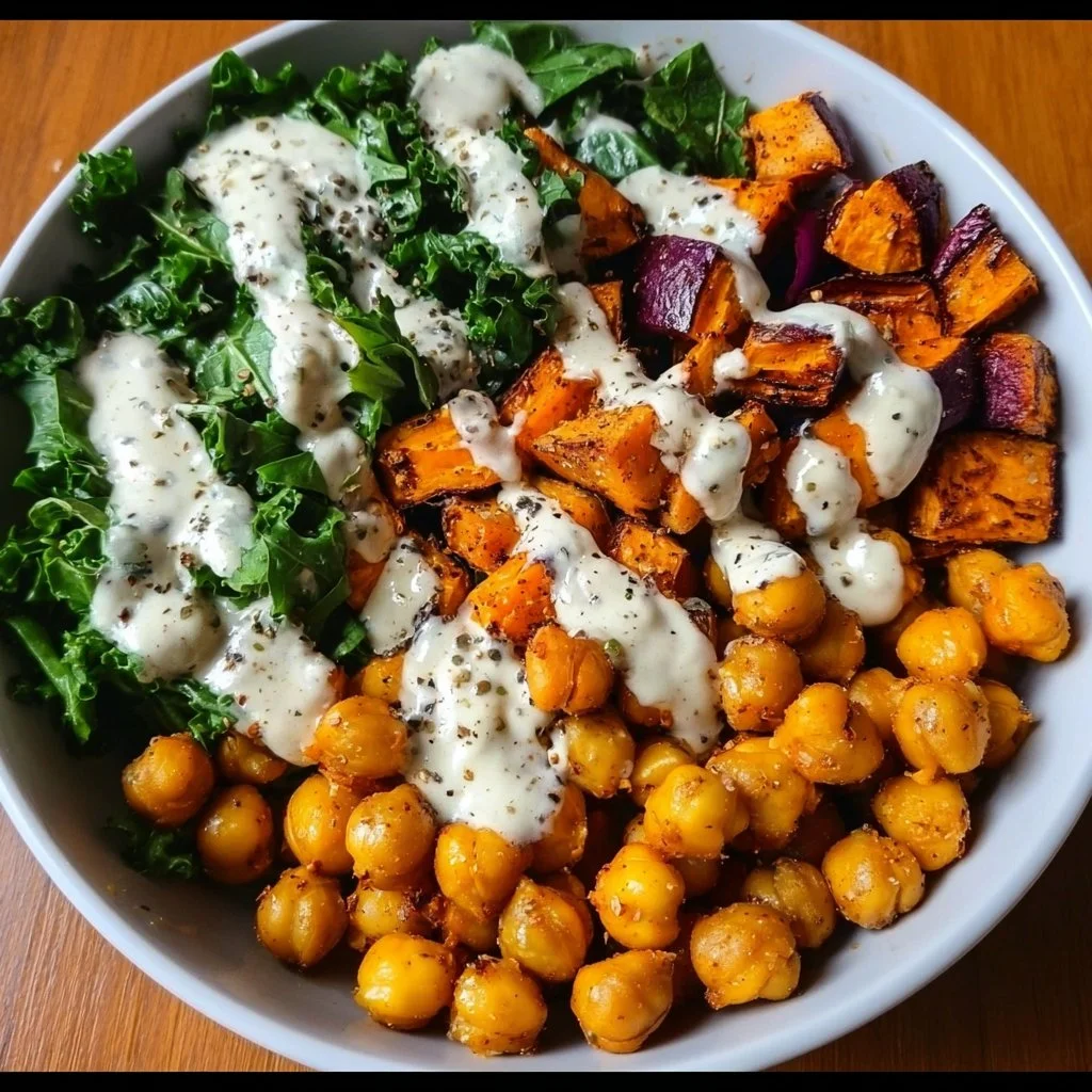 Delicious roasted chickpea and sweet potato bowl for a healthy meal.