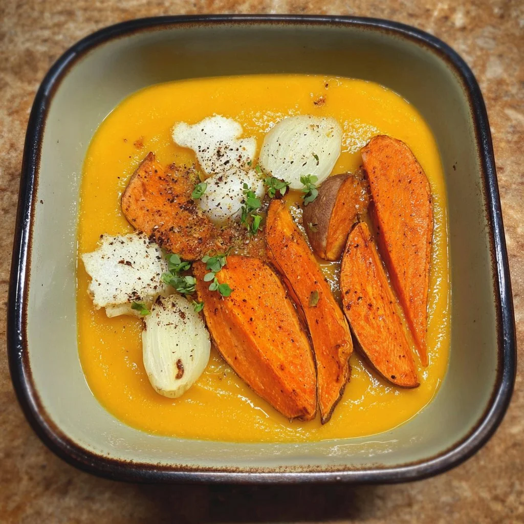 Bowl of roasted sweet potato soup topped with herbs and spices