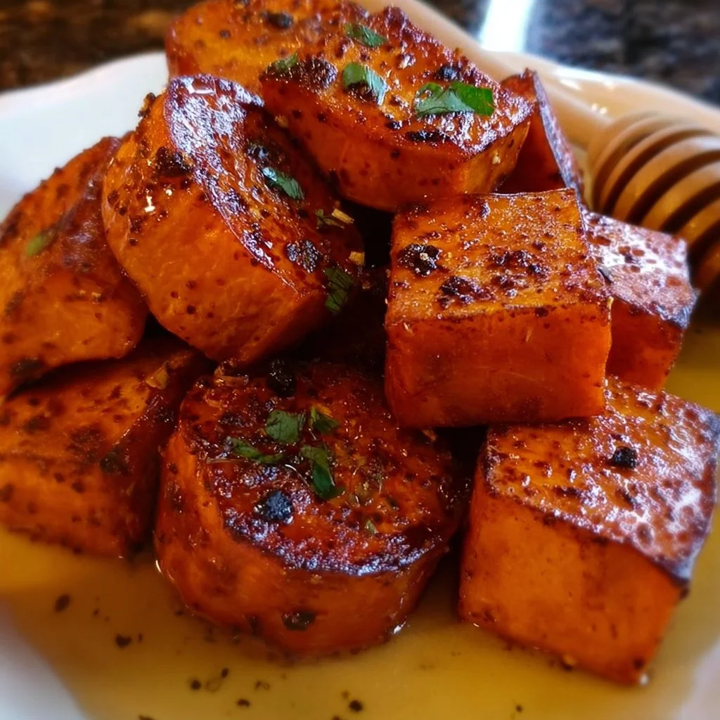 Delicious roasted sweet potatoes with cinnamon and honey served in a bowl.
