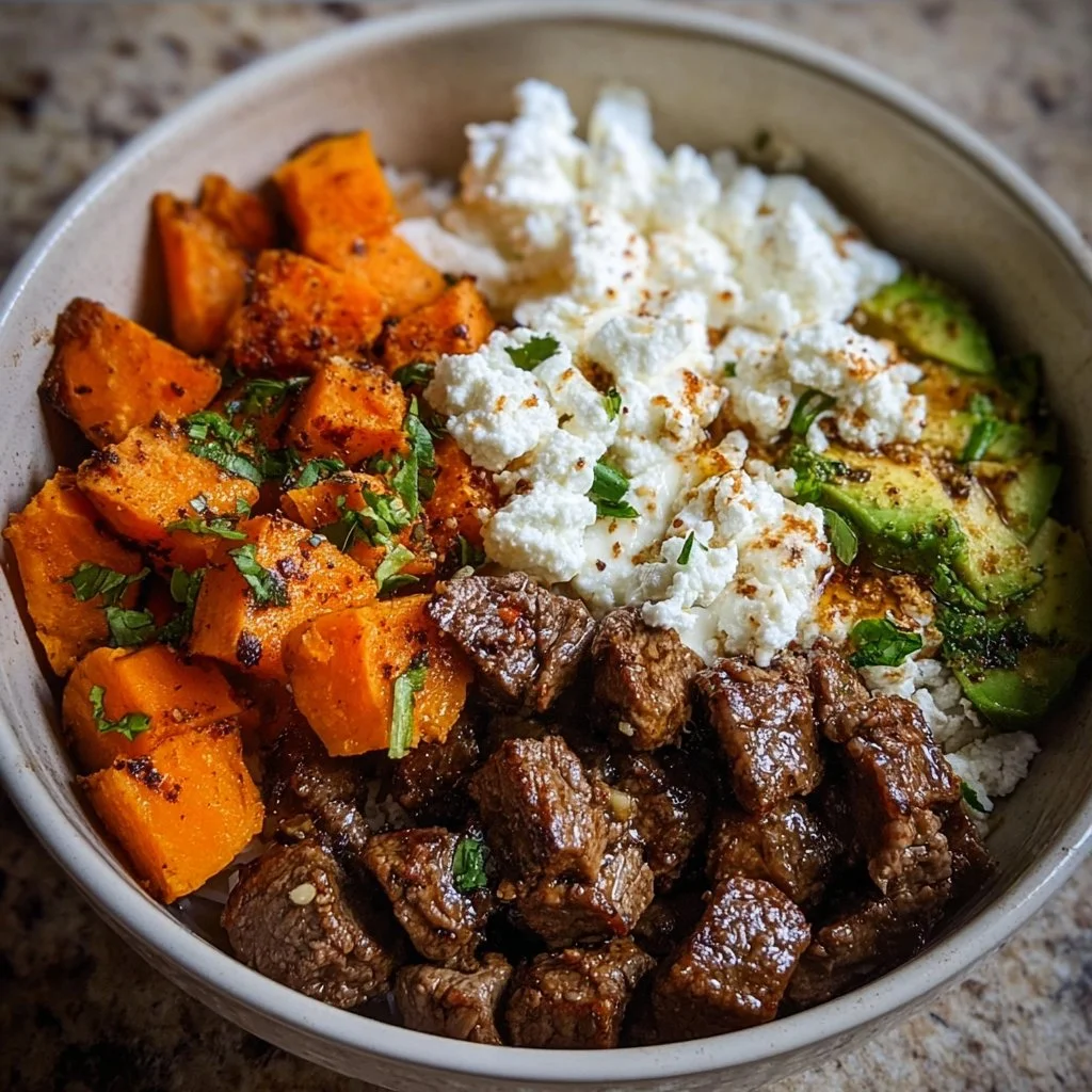 Sweet Potato Beef Bowl with hot honey and cottage cheese, a viral TikTok recipe