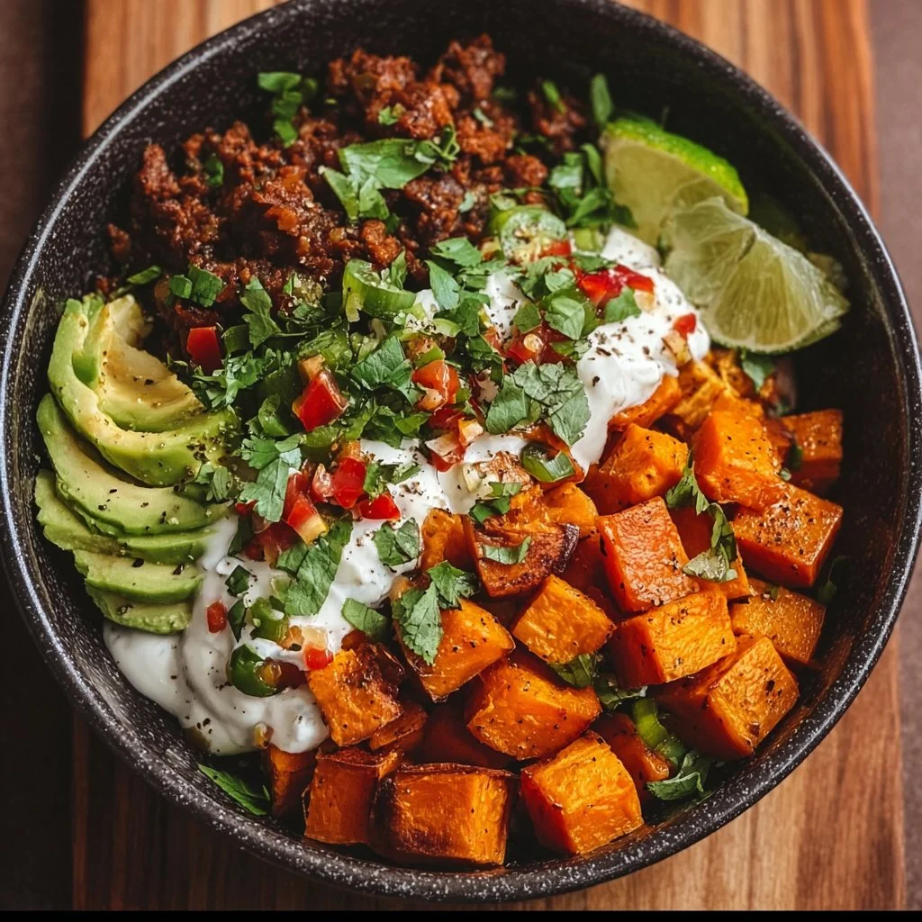 Delicious sweet potato taco bowl filled with fresh toppings