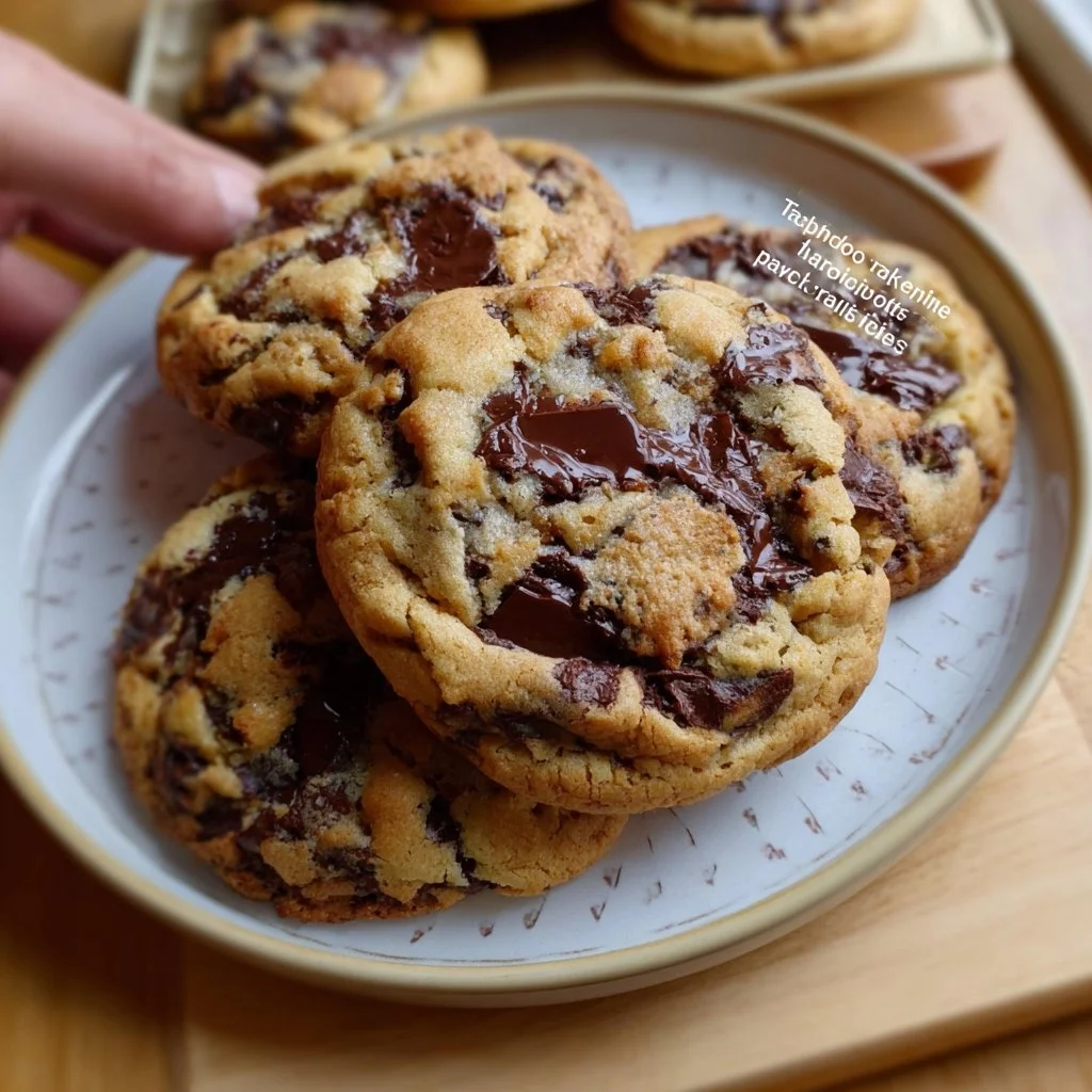 Thick and gooey two-chip chocolate chip cookies fresh out of the oven