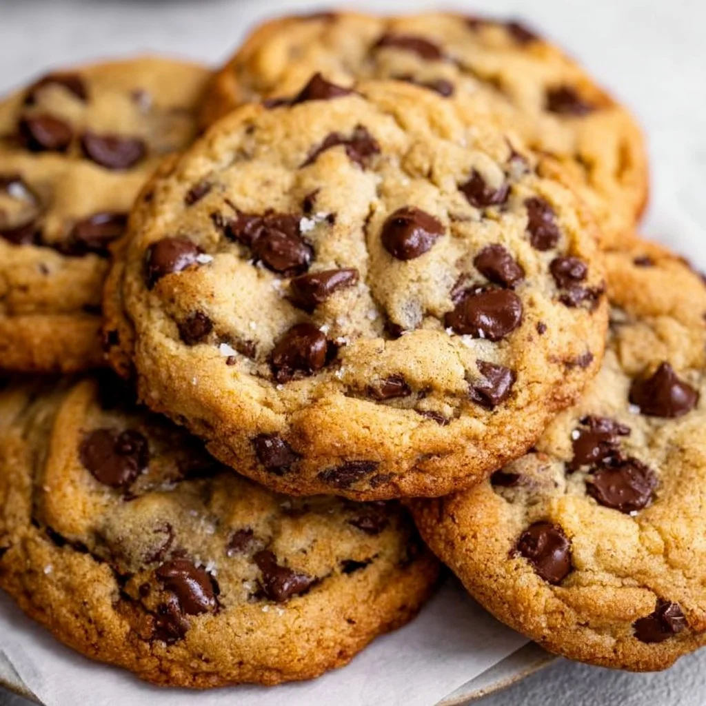 Ultra thick chocolate chip cookies with golden brown edges from the bakery