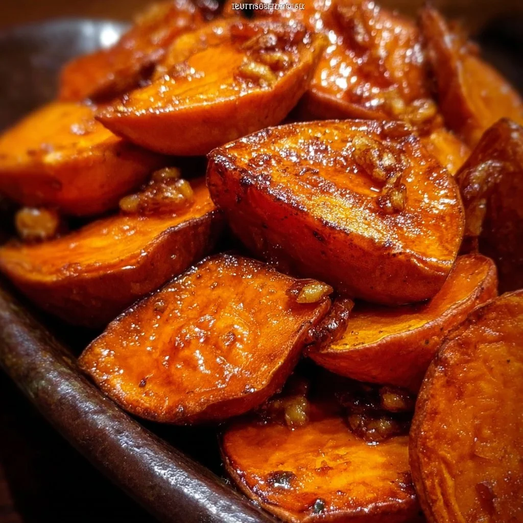 Bowl of Walnut Maple Roasted Sweet Potatoes garnished with nuts and syrup.