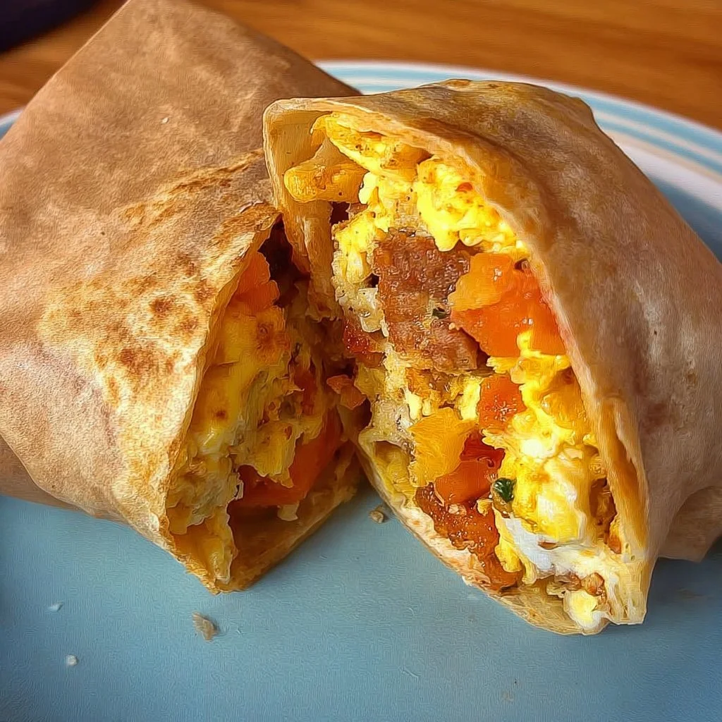 Delicious breakfast burrito filled with eggs, cheese, and vegetables.