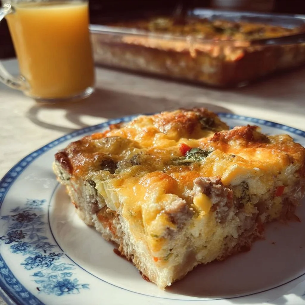Delicious breakfast casserole with eggs, cheese, and sausage in a baking dish.