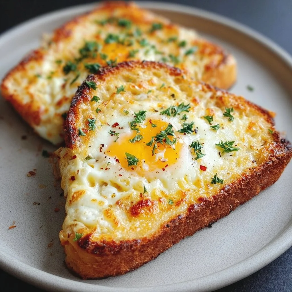 Cheesy egg toast topped with melted cheese and a perfectly cooked egg on toast.