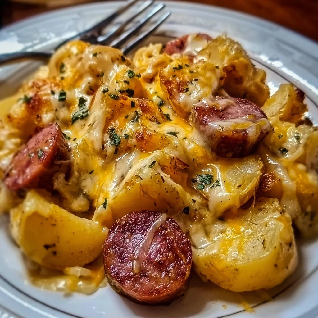 Delicious cheesy ranch potatoes served with smoked sausage.
