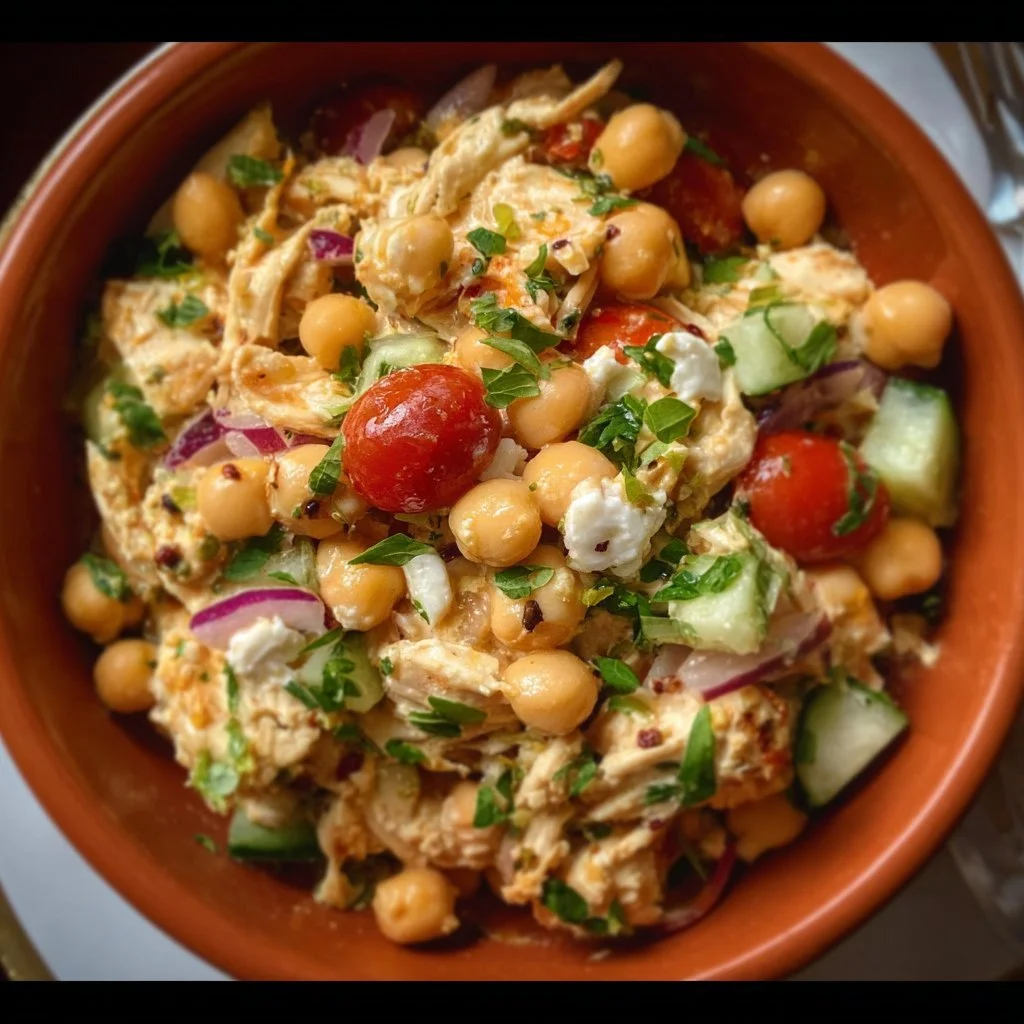 Healthy Chicken and Chickpea Salad served in a bowl