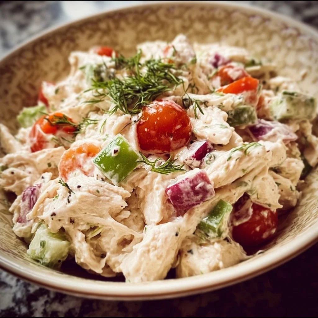 Bowl of Cottage Cheese Chicken Salad with vegetables and herbs