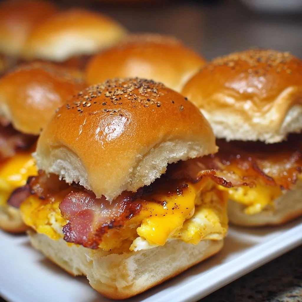 Crack Breakfast Sliders with bacon, egg, and cheese on a serving platter