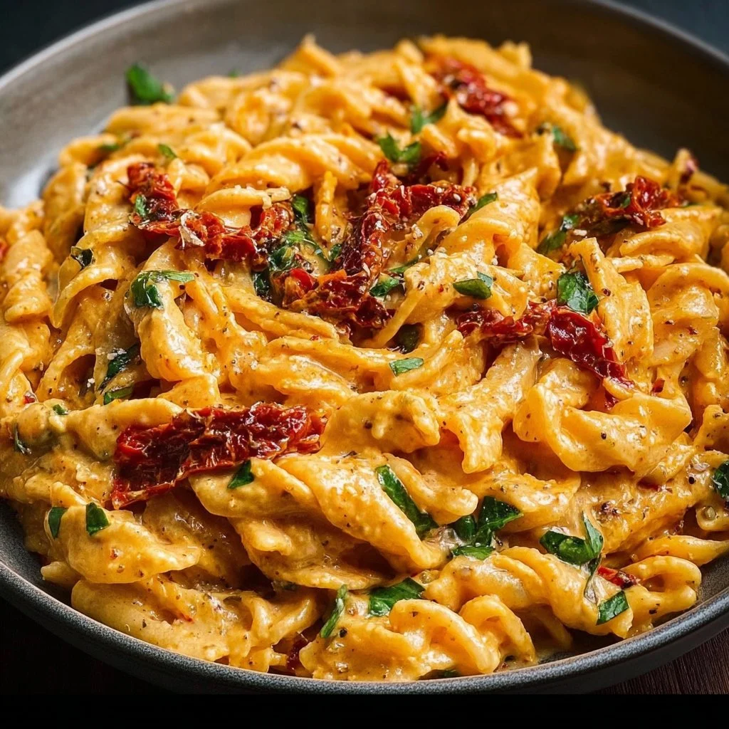 Creamy vegan sun-dried tomato pasta dish served in a bowl