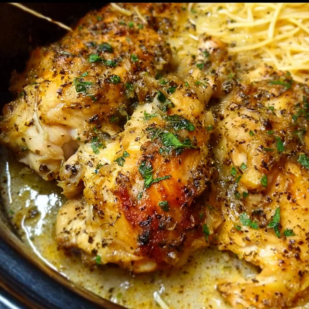 Creamy Crock Pot Angel Chicken dish garnished and ready to serve