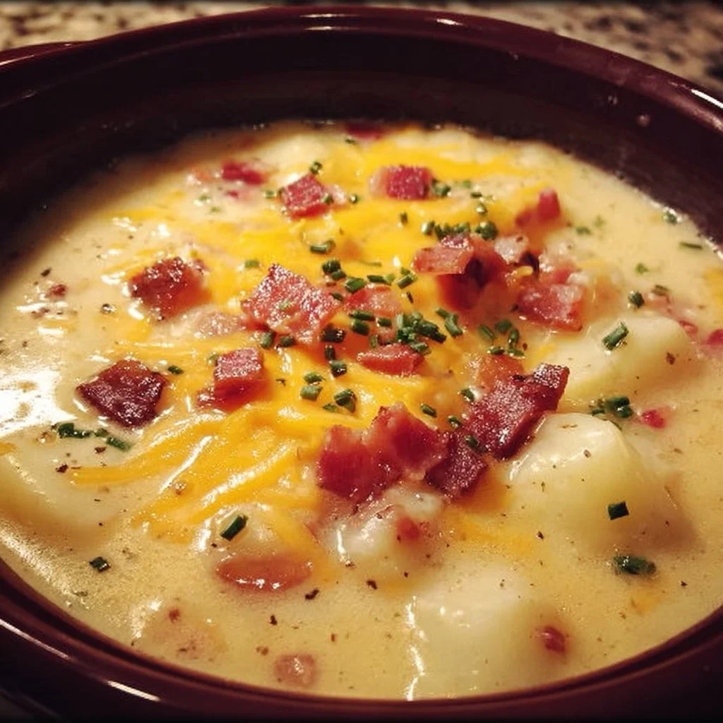 Bowl of creamy Crock Pot Crack Potato Soup garnished with chives and bacon