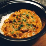 A delicious bowl of Crockpot Butter Chicken served with rice and garnished with cilantro.
