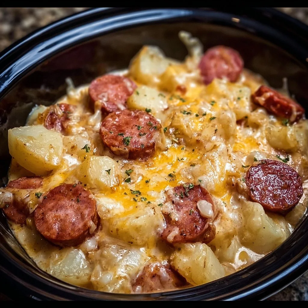 Crockpot cheesy potatoes with kielbasa, a delicious and comforting dish.