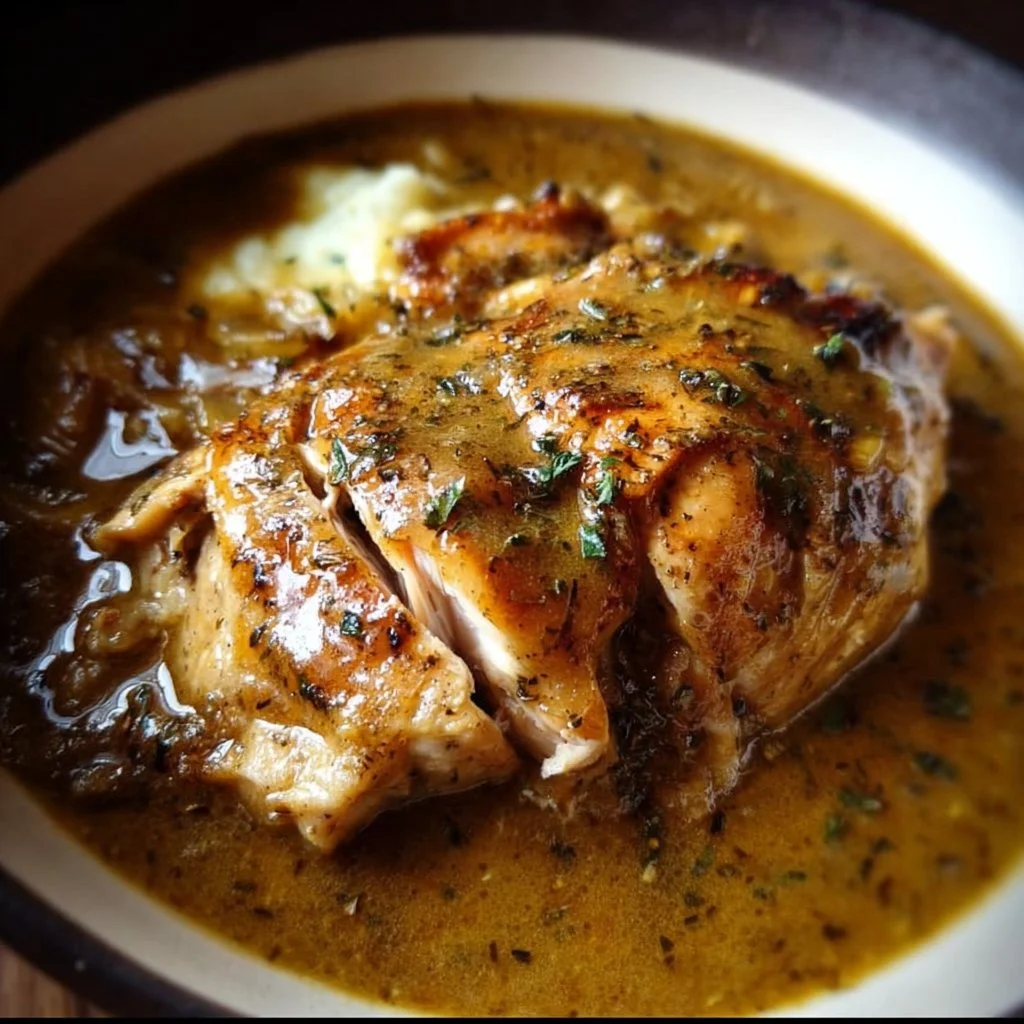Delicious Crockpot Chicken and Gravy served with mashed potatoes