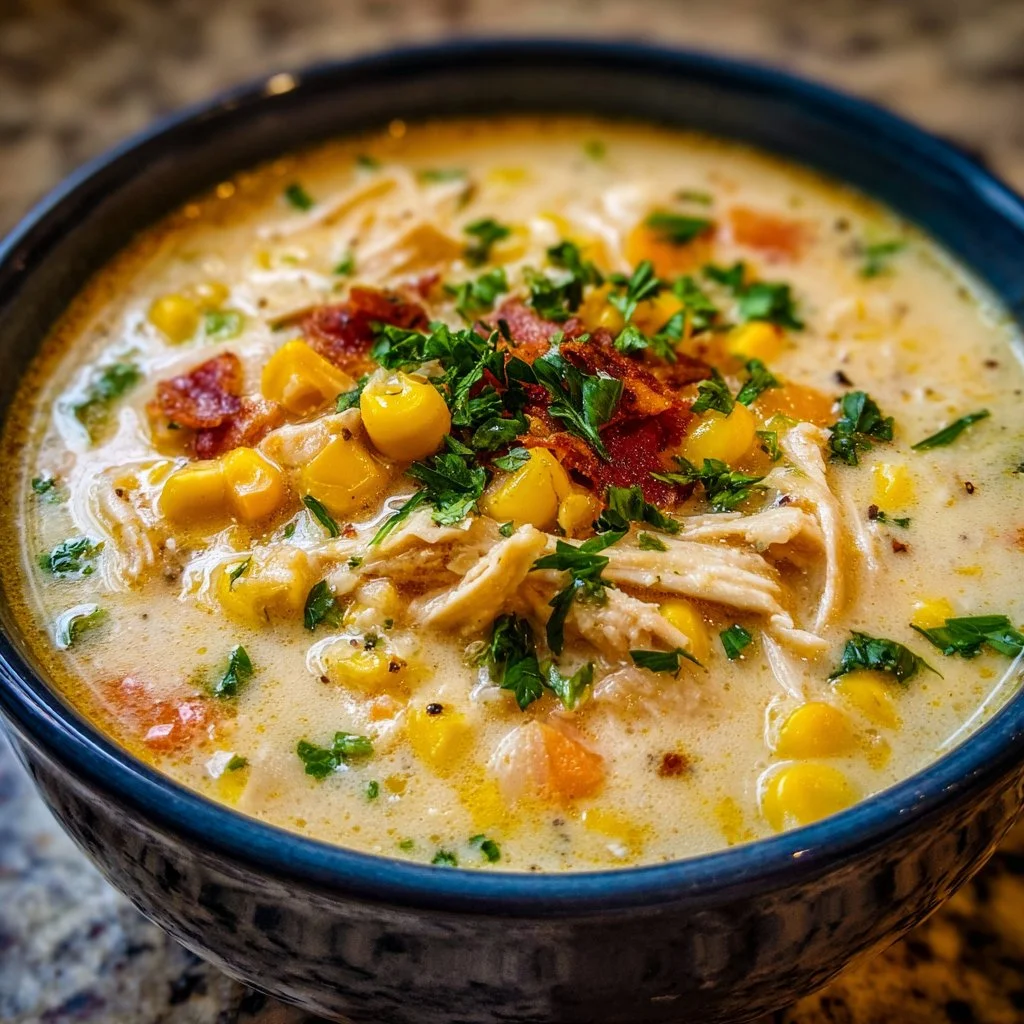 Crockpot Chicken Corn Chowder 1 Bowl of creamy Crockpot Chicken Corn Chowder with corn and chicken garnished with herbs