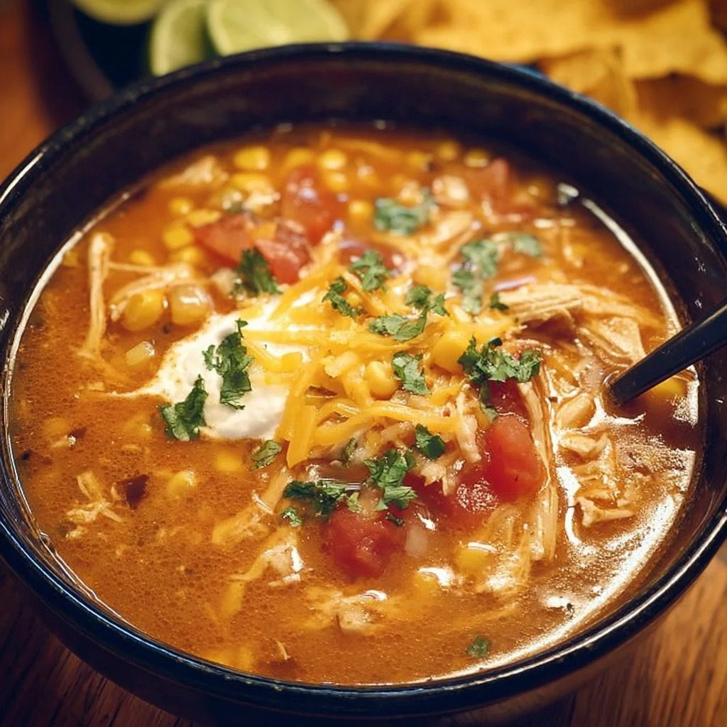Crockpot Chicken Tortilla Soup 1 Delicious bowl of Crockpot Chicken Tortilla Soup garnished with tortilla strips