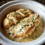 Crockpot creamy garlic parmesan chicken dish garnished with parsley.