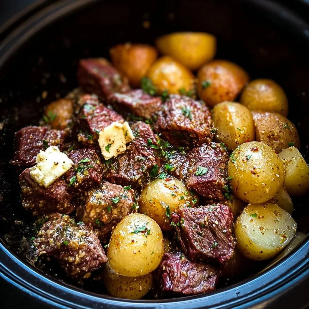 Delicious crockpot garlic butter beef bites with tender potatoes in a serving dish.