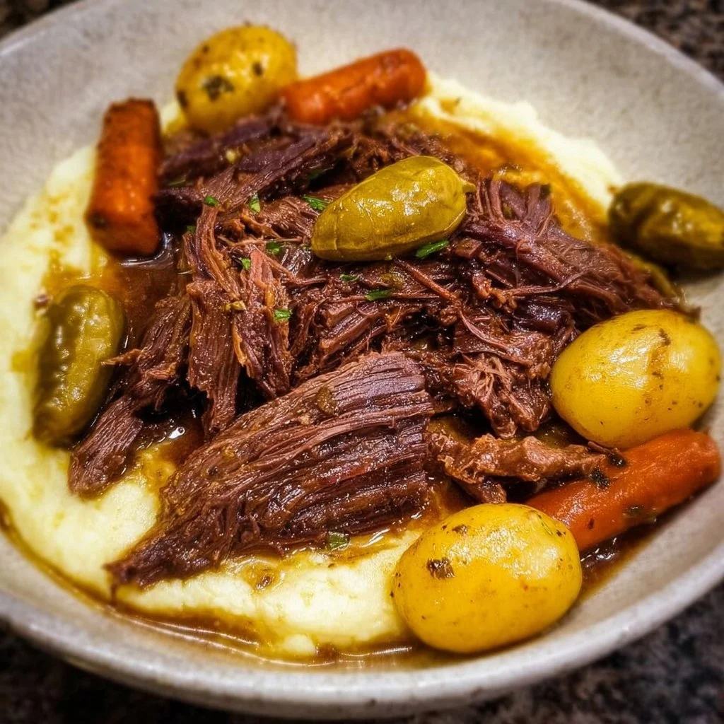 Delicious Crockpot Mississippi Pot Roast served with vegetables