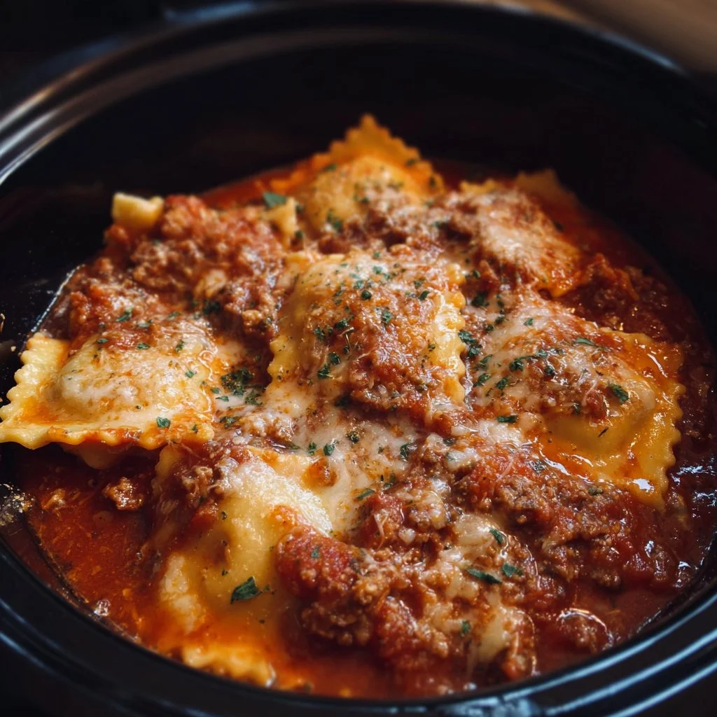 Crockpot Ravioli Lasagna served with fresh basil and cheese