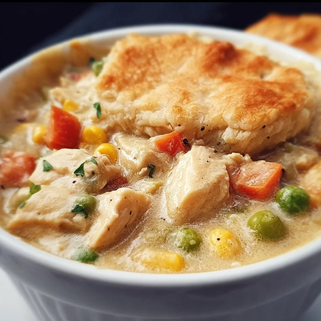 Delicious Crustless Chicken Pot Pie served in a bowl with fresh herbs on top