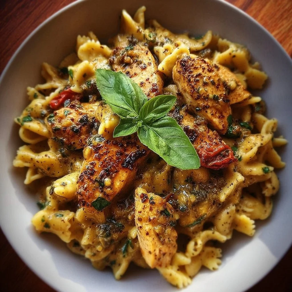 Dairy Free Marry Me Chicken Pasta plated with fresh herbs and vibrant colors