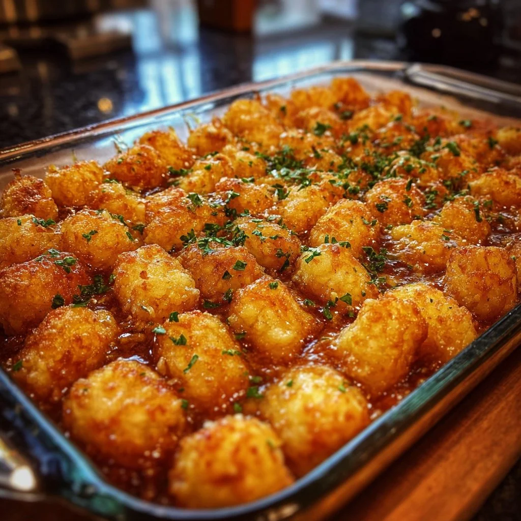 Dairy Free Tater Tot Casserole served in a baking dish, gluten free and hearty.