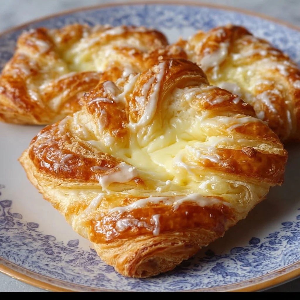 Flaky cheese danish pastry with creamy filling on a plate