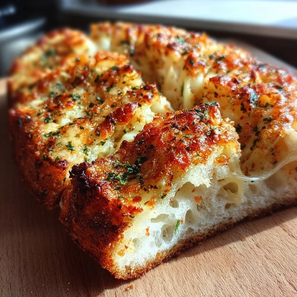 Homemade gluten free pizza garlic bread ready to serve in 30 minutes.