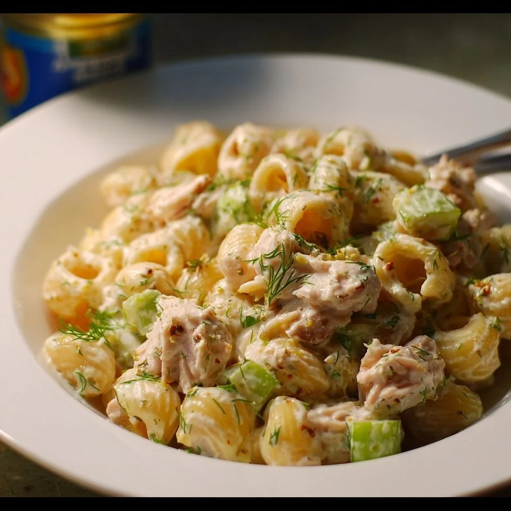 Dill Pickle Tuna Pasta Salad with fresh ingredients and dressing