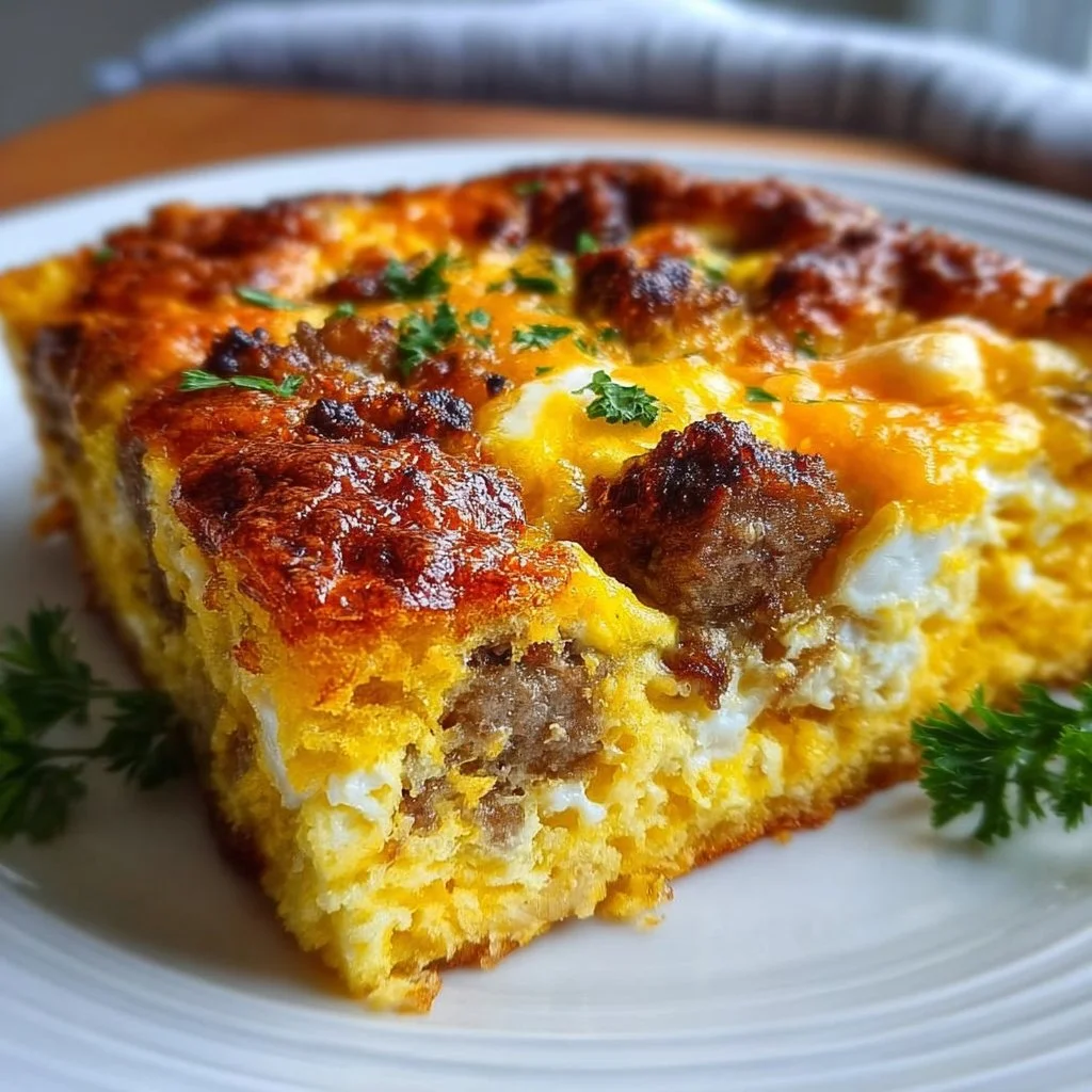 Easy sausage and egg casserole topped with cheese and herbs in a baking dish