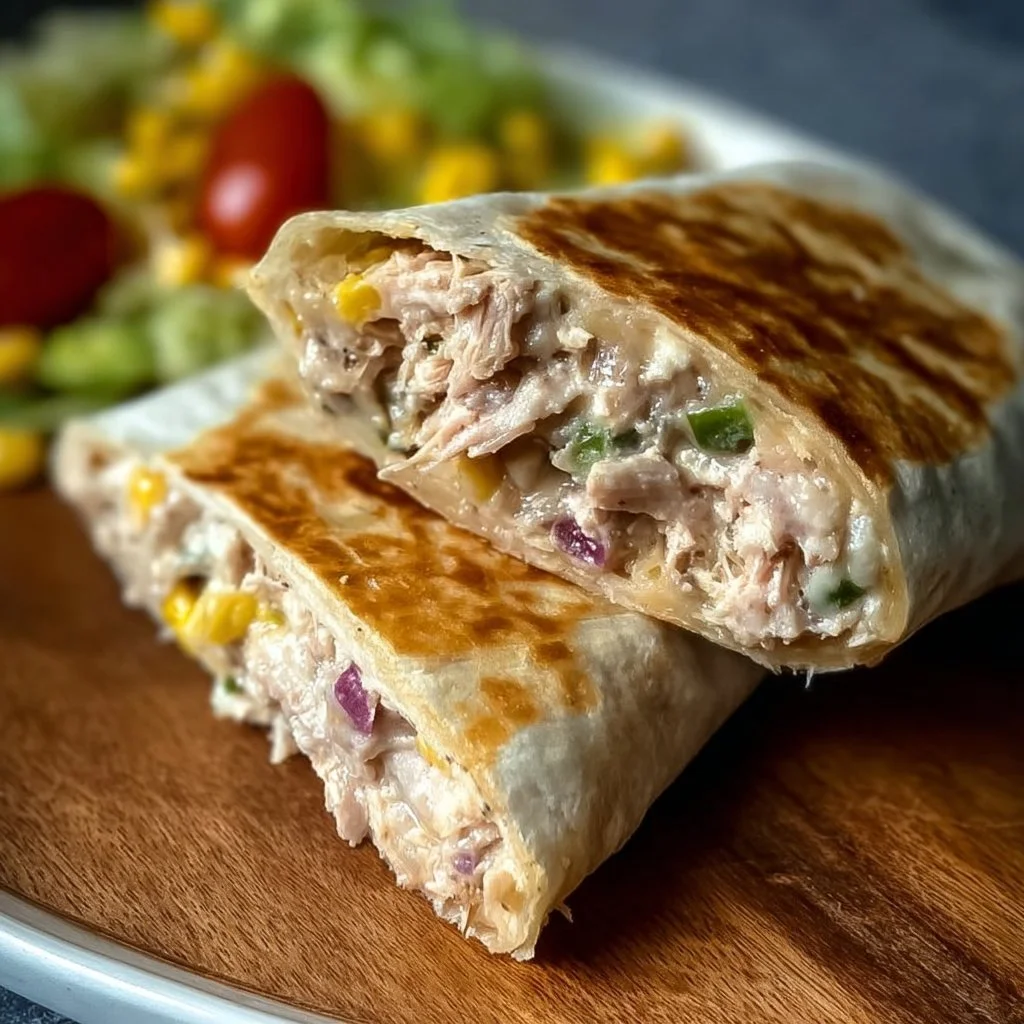 Easy Tuna Melt Wrap 1 Easy tuna melt wrap served on a plate with fresh ingredients.