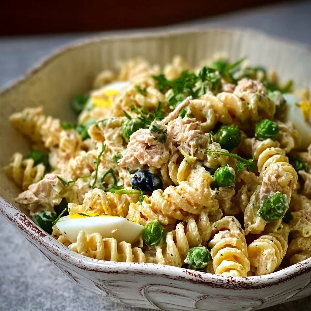 Easy Tuna Pasta Salad 1 Bowl of easy tuna pasta salad with fresh vegetables and dressing