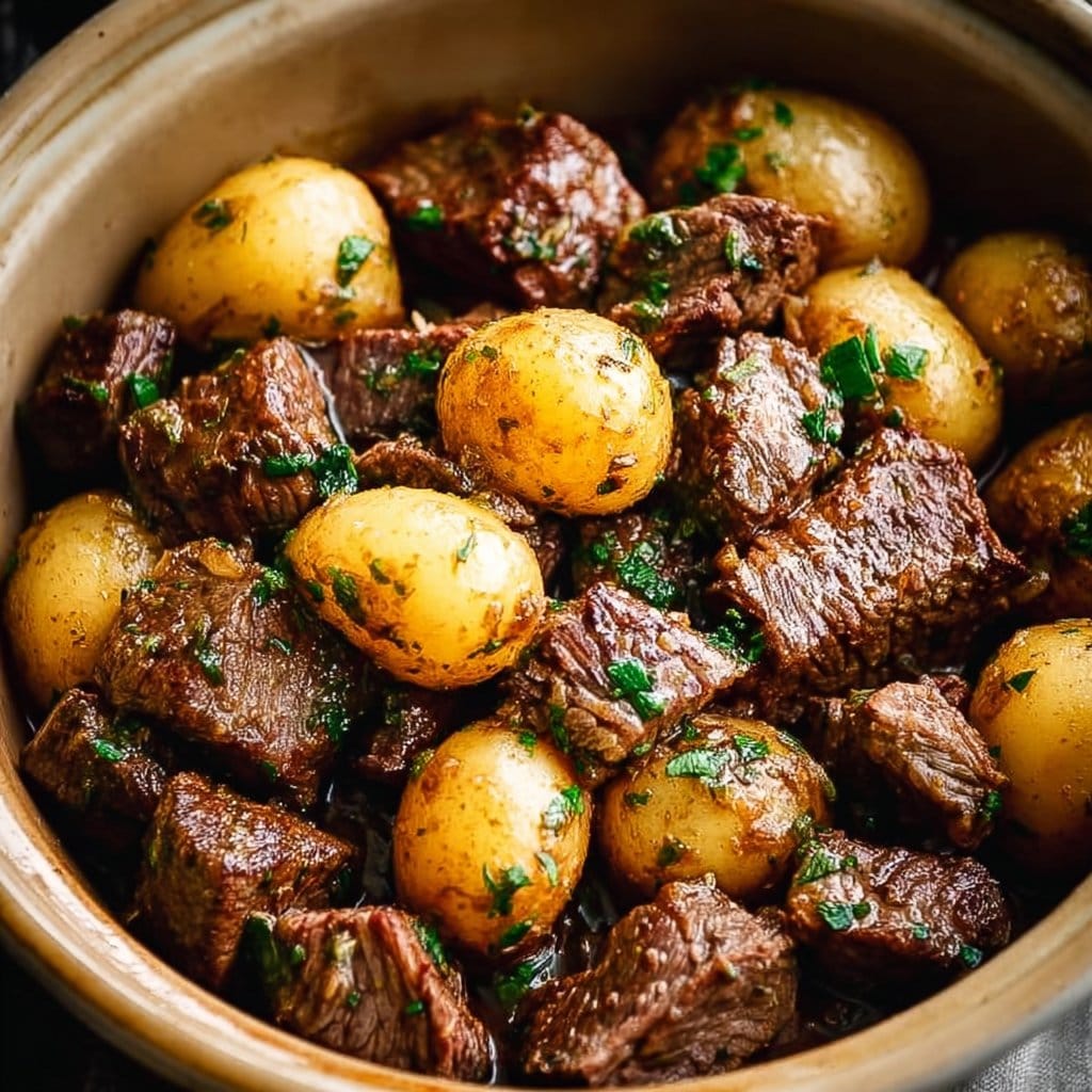 Crockpot Garlic Butter Beef Bites with Potatoes