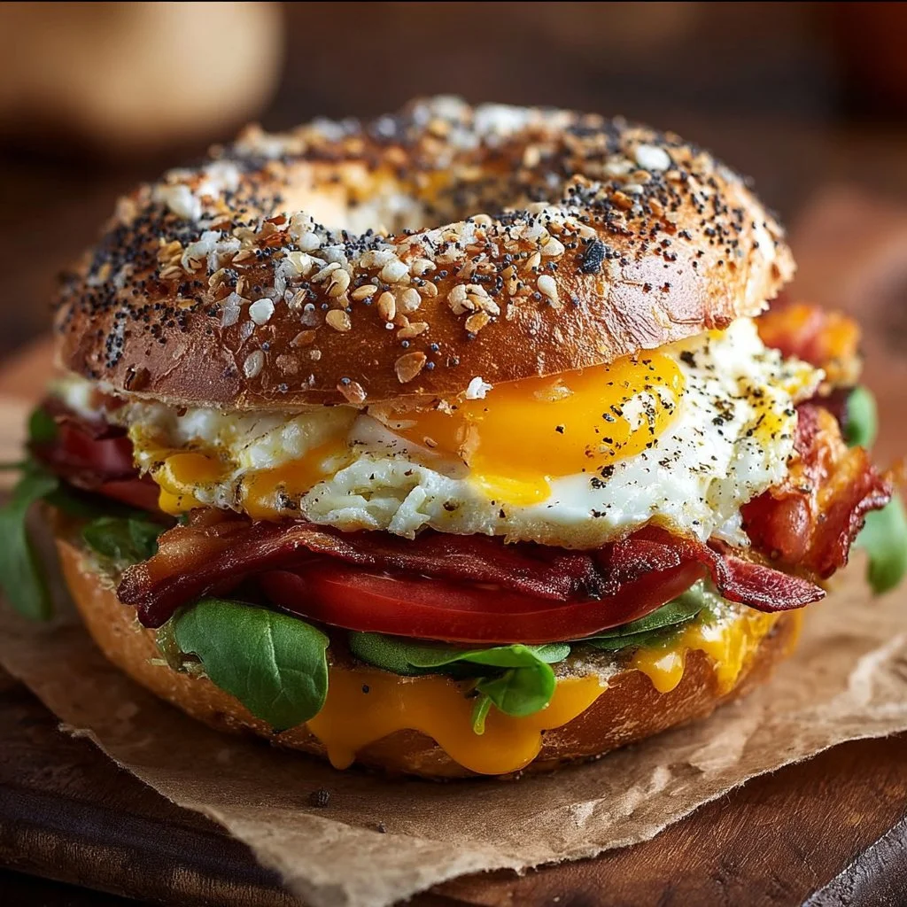 Delicious Everything Bagel Breakfast Sandwich with eggs and toppings