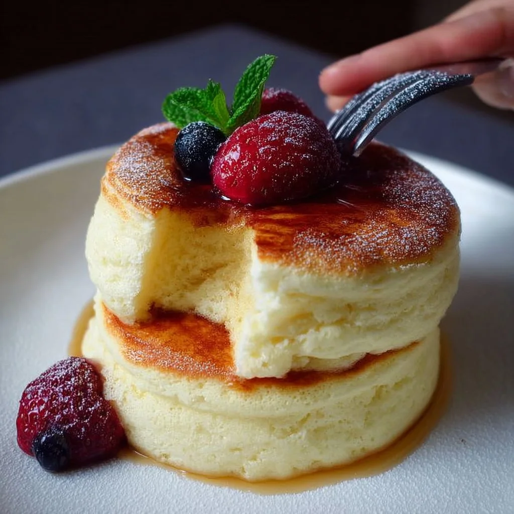 Fluffy Japanese soufflé pancakes stacked with syrup and fruit