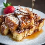 Delicious French Toast Casserole served with syrup and berries on a plate.