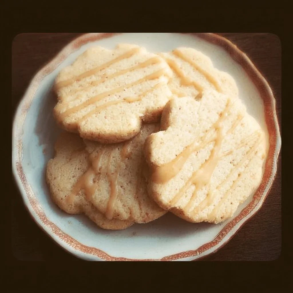 Gluten Free Maple Shortbread Cookies 1 Gluten free maple shortbread cookies on a wooden plate